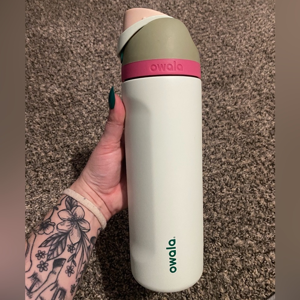 Owala Insulated Water Bottle in Pale Sage with Olive & Pink Accents